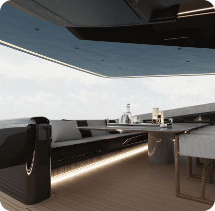 Luxurious yacht lounge with sea view and elegant decor