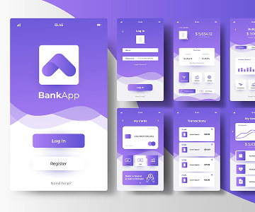 Banking app UI with login, dashboard, cards, transactions, and charts in purple theme